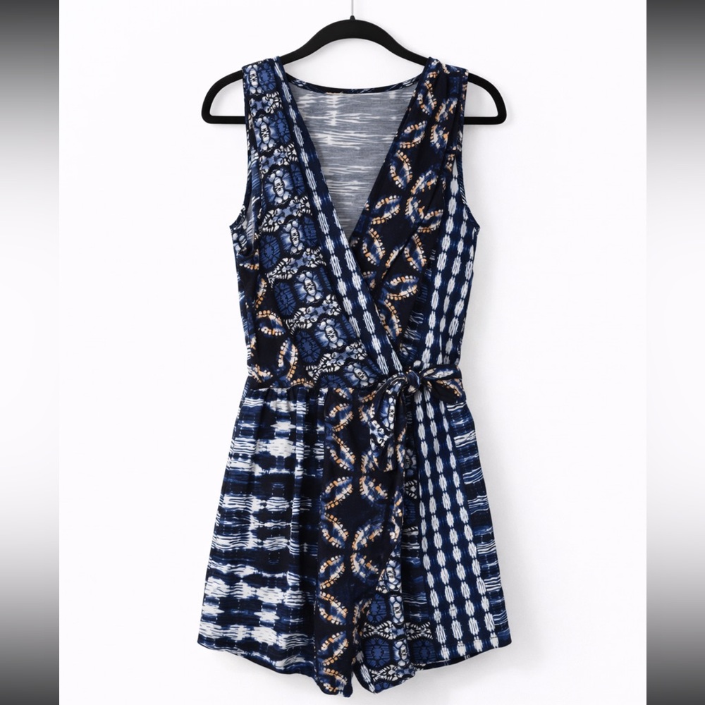 Printed Skort Romper | Blue White | Sleeveless XS